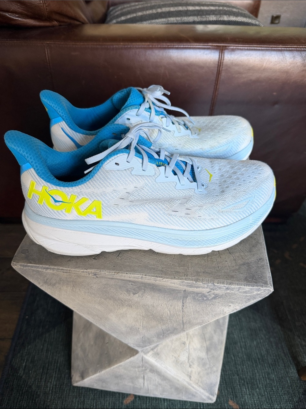 HOKA Clifton 9 Running Shoes Men’s 11.5 Wide 2E White Blue Athletic Sneakers